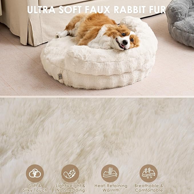 EHEYCIGA Soft Cat Couch Bed for Indoor Cats, Fluffy Small Dog Bed with Removable Washable Cover, Bolster Pet Sofa, Waterproof and Non-Slip, 26" x 26"x 8", Cream
