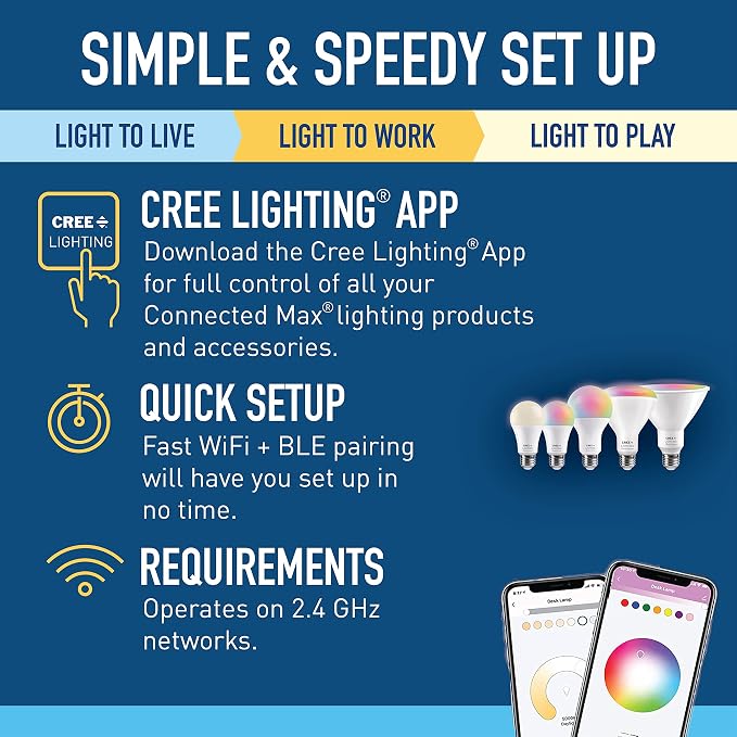 Cree Lighting Connected Max Smart Led Bulb A19 60W Tunable White + Color Changing, 2.4 Ghz, Works with Alexa and Google Home, No Hub Required, Bluetooth + WiFi, 1Pk