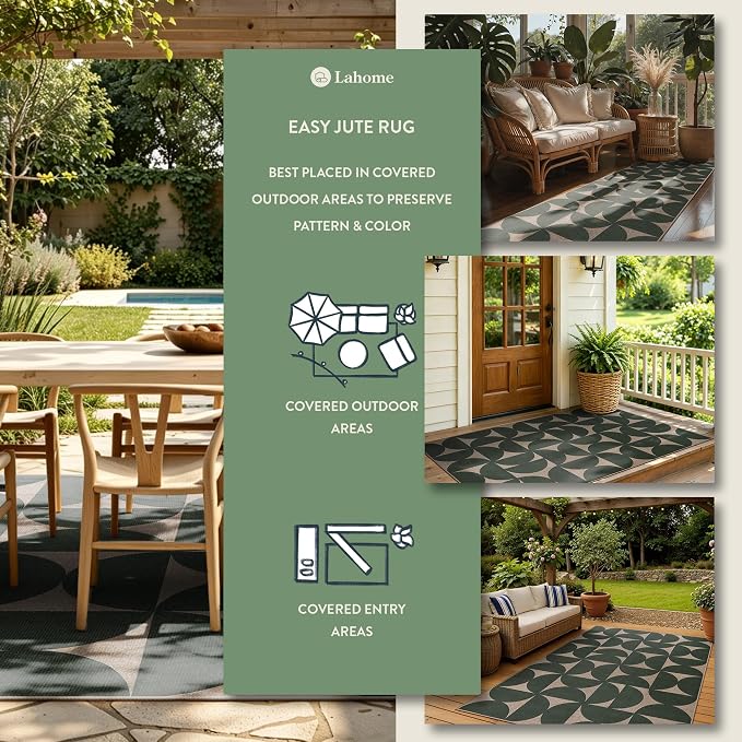 Lahome Semi Circle Easy Jute Kitchen Runner Rug, Green 2x8 Washable Runner | Non Slip Lightweight Stain Resistant Indoor Outdoor Long Carpet for Entryway Hallway Laundry