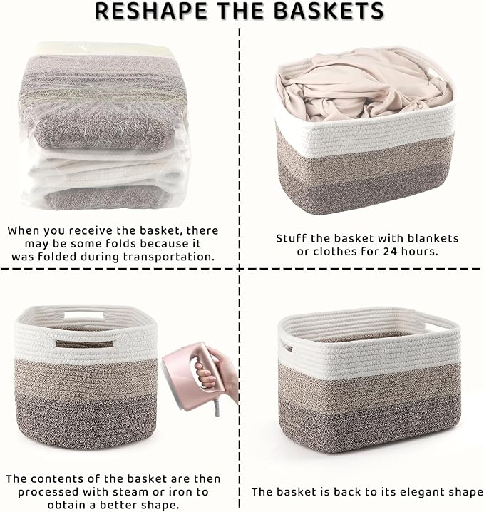 4 Pack Storage Baskets for Organizing, 11''Lx9''Wx8''H Woven Baskets for Storage Toys, Towels, Books, and Clothes, Cotton Rope Basket for Shelves with Handle