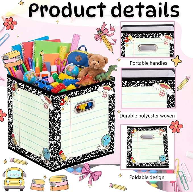 Gerrii 6 Pack 11 Inch Composition Notebook Fabric Classroom Storage Bins Pastel Foldable Cube Storage Bins Organizing Baskets with Handles for Back to School Daycare Elementary Preschool Decor