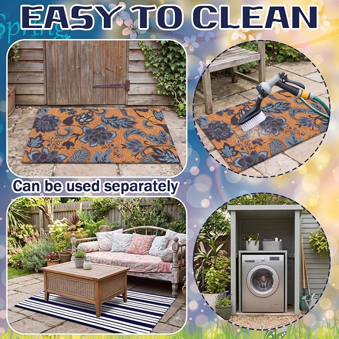 Moucuny 2 Pcs Navy Blue Coir Doormat and Stripe Rug Outdoor | Flower Coir Door Outdoor Navy Blue and White Stripe Rug for Front Door Porch Entryway Decor, 24'' x 35'', 16'' x 28''