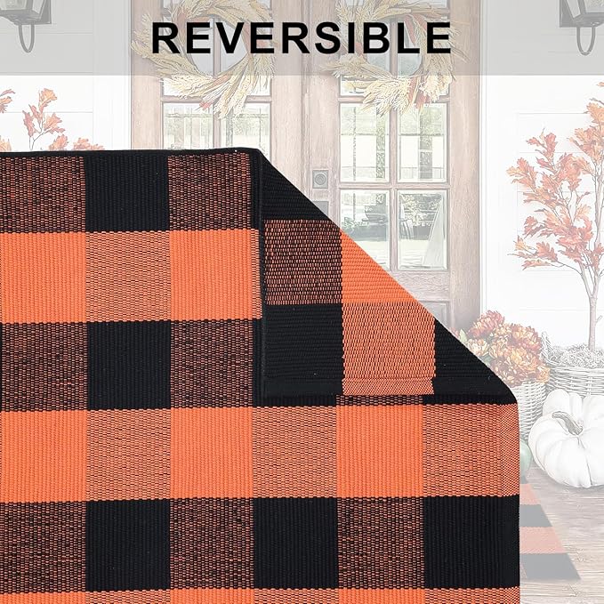 Orange and Black Plaid Rug, 3' x 5' Fall Outdoor Front Door Decor Mat, Cotton Washable Hand-Woven Rug for Layered Doormat, Autumn Halloween Thanksgiving Carpet for Porch, Entryway