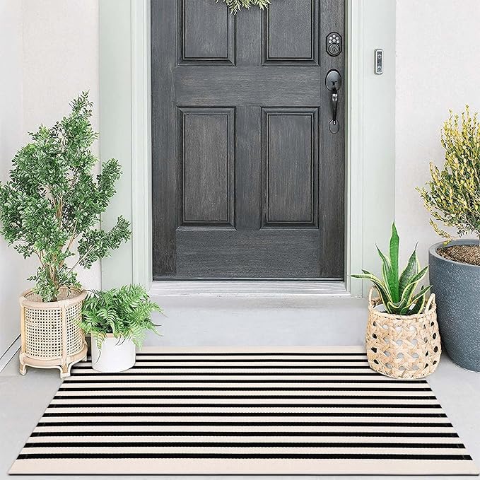 Collive Door Mat Black and White Striped Rug 27.5" x 43.3", Farmhouse Fall Front Porch Rug Reversible Washable Front Door Mats, Hand Woven Welcome Layered Doormat Carpet for Entryway Entrance
