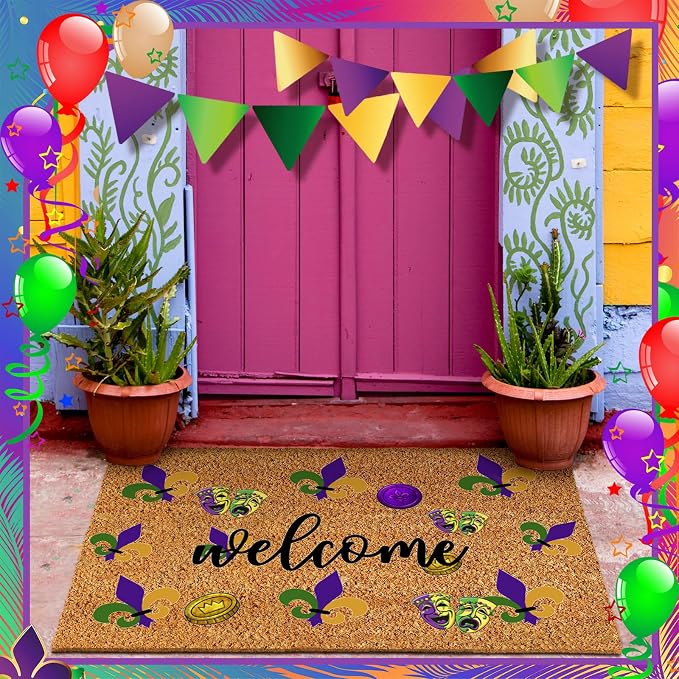 Ceenna Mardi Gras Coir Doormat Outdoor Mardi Gras Welcome Outdoor Rug Fleur De Lis Non-Slip Coir Carnival Front Door Mats Purple Yellow Green Decorations for Front Porch Entryway Bathroom Decor