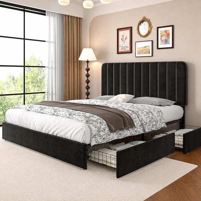 VECELO Full Size Upholstered Bed Frame with 4 Drawers and Headboard, Velvet Platform Storage Bedframe, Wooden Slats Support, No Box Spring Needed,Black