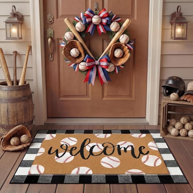 Tinideya 2 Pcs Door Mat Welcome Non Slip Coir Mats Floor Layering Doormats Seasonal for Front Porch Entryway Decor(Baseball)
