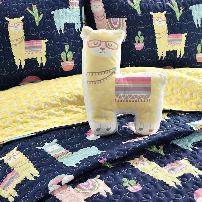 Lush Decor Southwest Llama Cactus Quilt, 3 Piece Set, Full/ Queen, Navy & Yellow - Cute Kids Reversible Boho Toddler Bedding Set