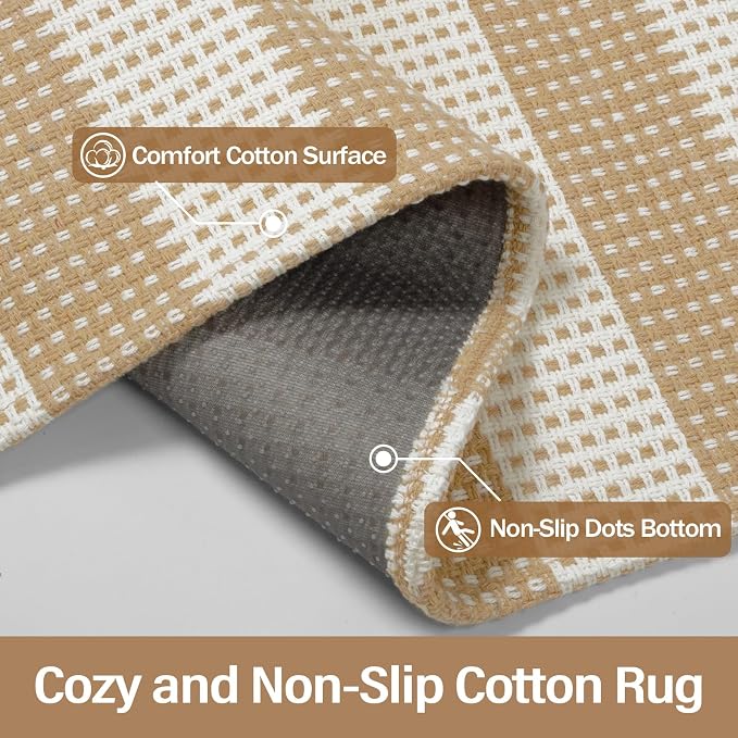 Rugalia Washable Woven Entryway Rug 3x5, Natural Beige Striped Cotton Indoor Outdoor Doormat Low Plie Non-Slip Kitchen Mat, Modern Neutral Floor Carpet for Porch Living Room Bedroom Patio