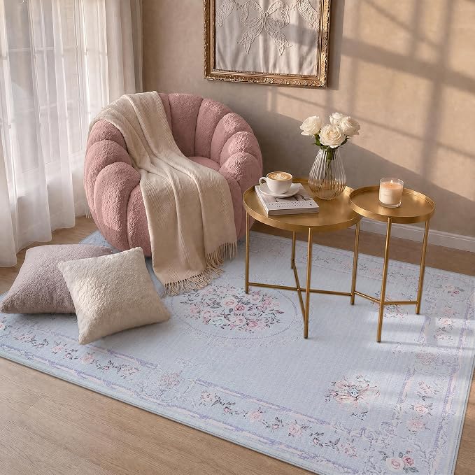 Tribesigns Bow Floral 3x5 Blue Rugs for Entryway Front Door, Non-Slip Small Bedroom Kitchen Area Rugs, Soft Low Pile Boho Rose Medallion Carpet for Bathroom Living Room, Blue/3x5