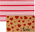 Moucuny 2 Pcs Valentine's Day Coir Welcome Doormat Outdoor Valentine's Day Love Heart Rug Layered Red and White Stripe Mat Red Heart Mat for Front Porch Outdoor Entryway