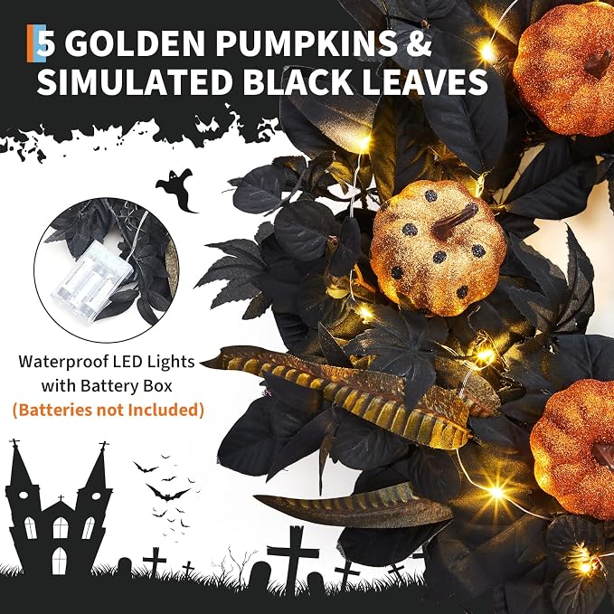 GarveeHome Halloween Wreath for Front Door, 18 in Fall Wreath with Pumpkins and Maple Leaves for Indoor Outdoor Wall Window Porch Patio Garden Farmhouse Home Party Prom Decoration