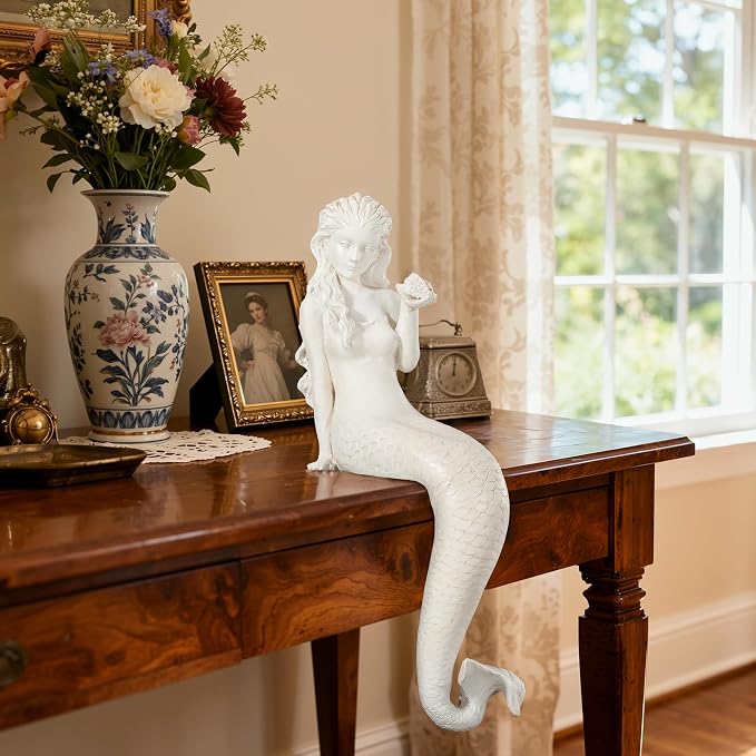 Large Mermaid Garden Statue, 25.6 in DIY Outdoor Sculpture Figurines | Pretty Lawn & Patio Decor, Antique White, Durable Weather-Resistant Finish Magnesium Oxide Stone
