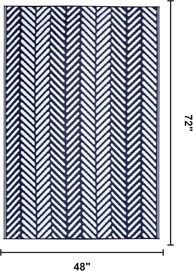 FH Home Outdoor Rug - Waterproof, Fade Resistant, Reversible - Premium Recycled Plastic - Herringbone - Patio, Deck, Porch, Balcony, Laundry Room - Fresno - Navy Crease Free - 4 x 6 ft