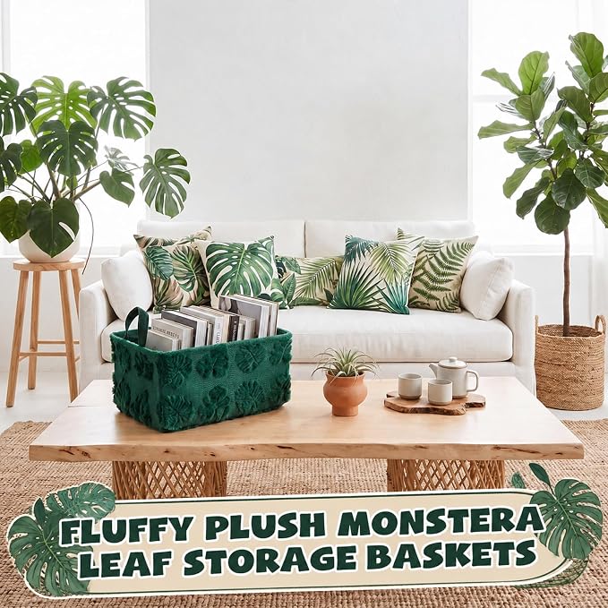 2 Pcs Monstera Storage Basket 14x10'' Back to School Gift Basket | Green, Summer Leaves, Foldable, Fluffy Plush, Closet Organizer Bin with Handle, for Shelves Home Office, Laundry Tabletop Car