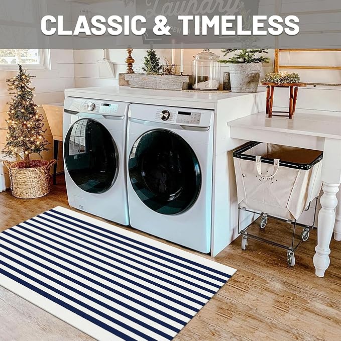 IOHOUZE Striped Area Rug 2.3'x3.6' Front Door Rugs Small Washable Area Rug for Front Porch, Spring Summer Welcome Door Mats Outdoor Indoor, Doormat for Entryway Porch Entrance, Navy/White