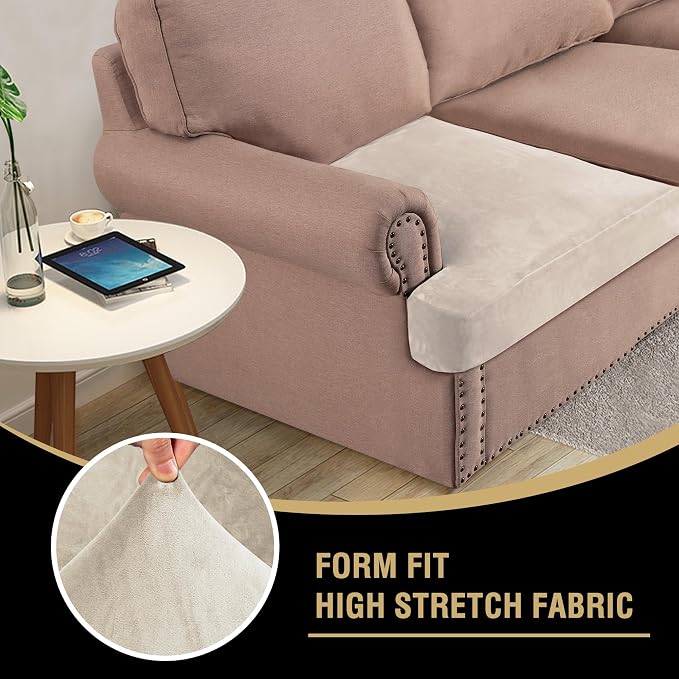 H.VERSAILTEX Stretch Velvet 3 Piece T Cushion Sofa Slipcovers Individually Covers for 3 Cushion Couch Seat Cushion Covers for Sofa Seat Cushion Covers Stay in Place(Sofa, Ivory)