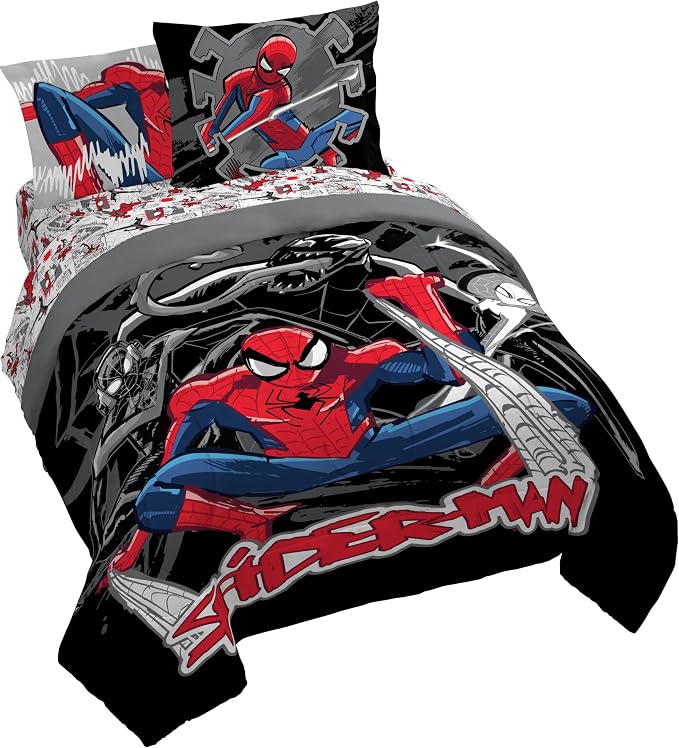 Marvel Spiderman 7 Piece Queen Comforter Set - Bed in a Bag Reversible Comforter, Sheets & Pillowcases - Super Soft Breathable Microfiber Machine Washable (Officially Licensed Marvel Product) Black