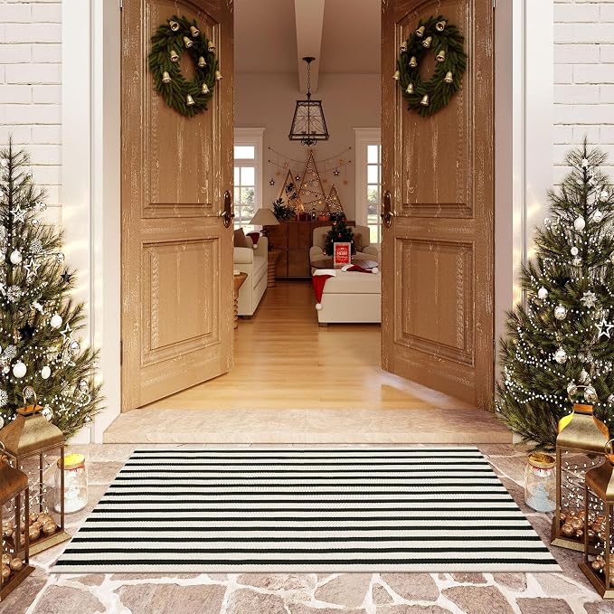 OJIA Outdoor Rug 3'x5' Front Door Mat Outdside Entrance Front Porch Decor | Machine Washable Rugs Cotton Woven Striped Entryway Rugs Indoor Door Mat Black and Cream White Area Rug for Porch/Backyard