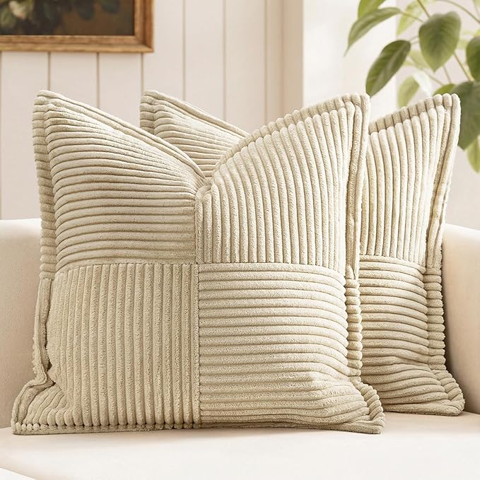 MIULEE Decorative Throw Pillow Covers for Couch Bed Livingroom 20x20 Inch Set of 2 Cream Boho Accent Throw Pllows Broadside Striped Patchwork Soft Corduroy Pillowcases
