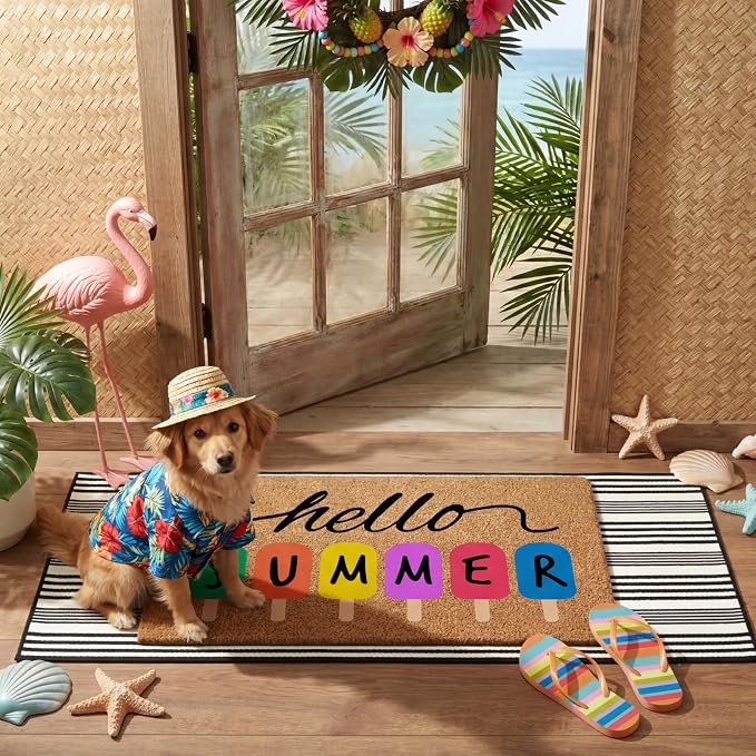 Moucuny 2 Pcs Summer Coir Door Mat 19" x47 Hello Summer Welcome Mats for Front Door Non Slip 56"x22" Black and White Rug Large Floor Layering Doormats for Front Porch Entryway Decor