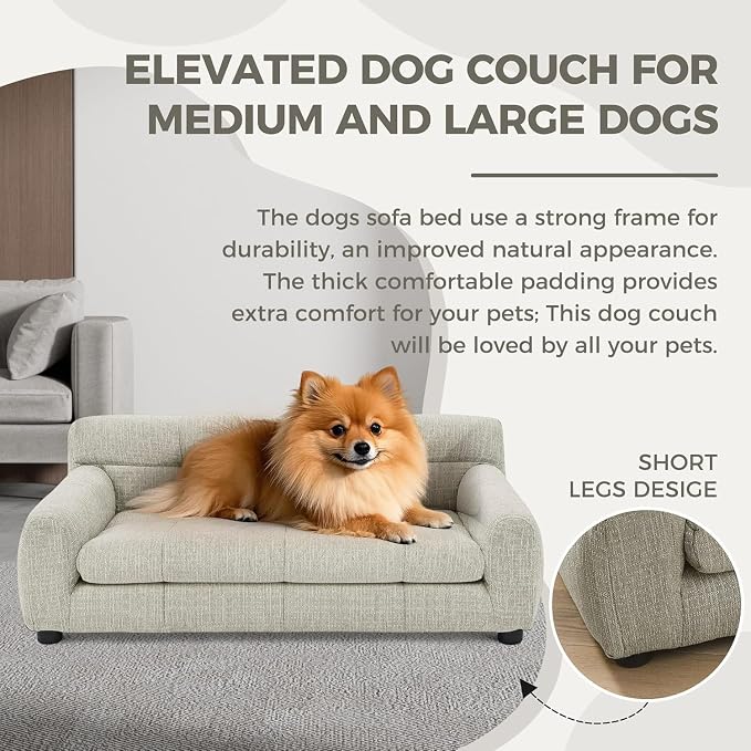 Dog Couch Bed, 38" Sofa for Dogs with Backrest and Armrest, Durable Pet Sofa with Soft Foam Cushion, Elevated Dog Couch Bed with Legs for Medium Dogs, Beige