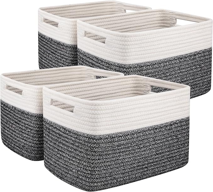 OIAHOMY 4 Pack Storage Basket, 13"x9"x7.8" Cotton Rope Baskets for Shelves, Closet Organizer for Bedroom & Living Room, Soft Decorative Bins for Organizing Towels, Books & Toys, Black & White