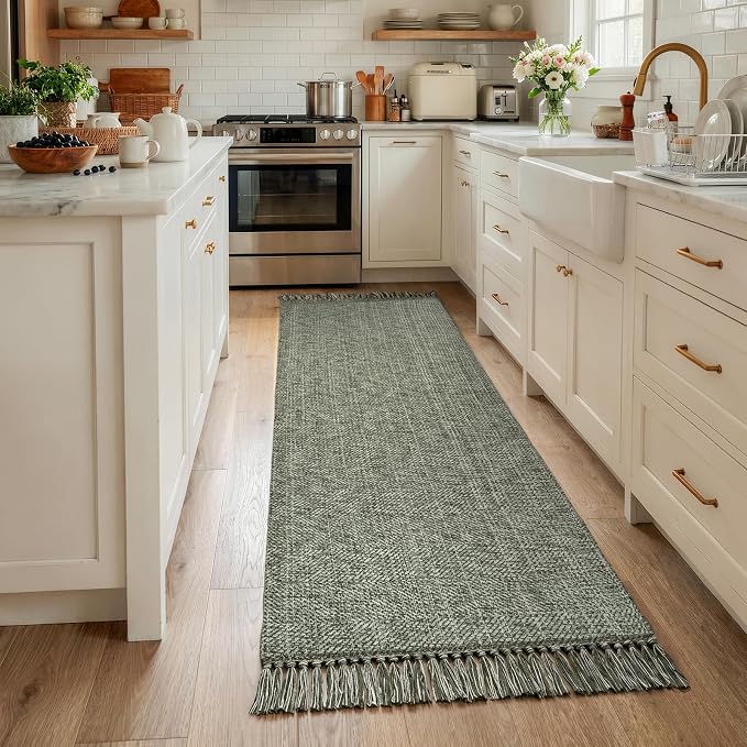 Collive Boho Hallway Runner Rug, 2.6' x 7' Sage Green Bathroom Mats Washable Modern Farmhouse Kitchen Runner Rugs, Hand Woven Entry Hall Carpet for Laundry Bedroom Decor