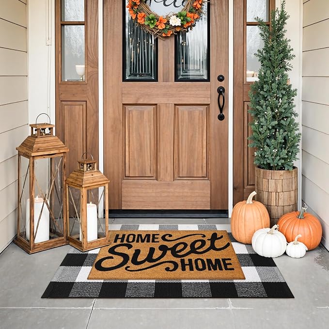 KIMODE Front Door Mat Buffalo Plaid Outdoor Rug 24"x35" Black and White Checkered Rug Farmhouse Front Porch Rug Decor Cotton Woven Washable Layered Doormats for Front Door Outdoor Entrance