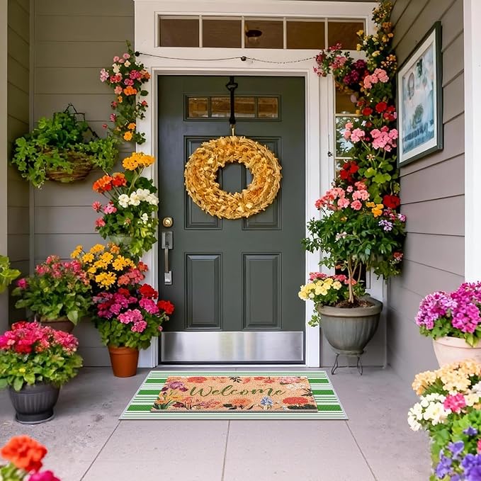 2 Pcs Floral Welcome Doormat Set, Front Door Mat with Non Slip Rubber Backing, Spring Outdoor Entryway Porch Mat Decor Farmhouse Floral Welcome Mat Set for Seasonal Home Indoor Decor