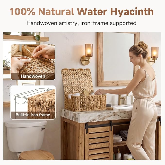 StorageWorks Wicker Basket with Lid, Scalloped Edge Woven Basket, Water Hyacinth Storage Baskets with Lid, Large Baskets for Shelves, Decorative Storage Boxes, 16½" L X 13" W X 7½" H