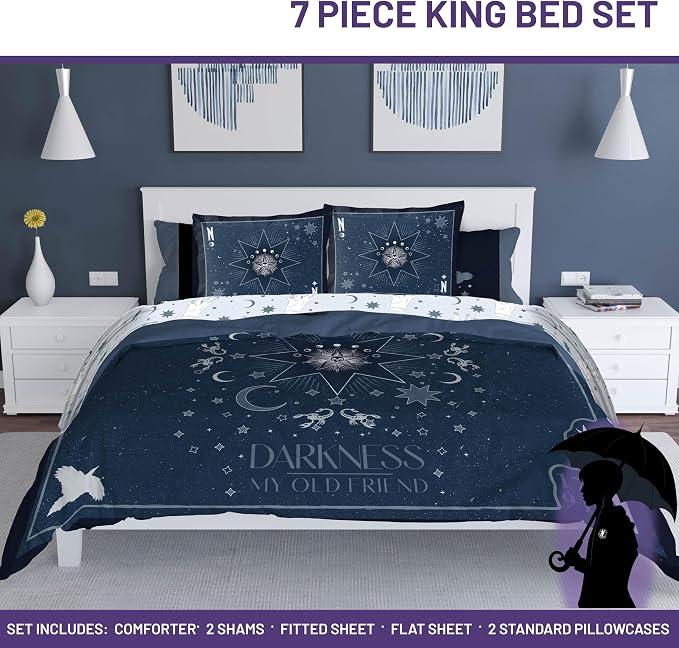 Wednesday Addams King Comforter Set 7 Piece Bedding for Girls, Blue | Bed in a Bag, Comforter Sheets Shams Pillowcases, Official Product, Soft Microfiber, Machine Washable, Girls Gift