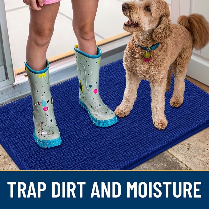 Smiry Dog Door Mat for Muddy Paws 71x46, Absorbent Dirt Trapper, Non-Slip Washable Chenille Entryway Rug for Inside Floor, Royal Blue, Classic Solid