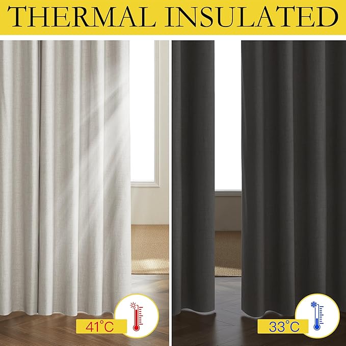 NICETOWN Snowbound Vintage Linen 100% Blackout Curtains for Living Room, Thermal Insulated Curtains 90" Long, Noise Reducing Window Treatment Drapes for Home Office, 62" Wide Per Panel, Set of 2