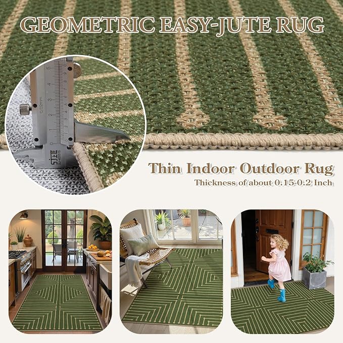 Lahome Green 3x5 Outdoor Rug for Entryway,Rhombus Easy Jute Frotn Porch Rug | Farmhouse Non Slip Non Shedding Indoor Outdoor Carpet for Balcony Kitchen