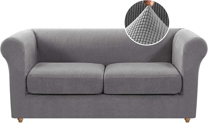 H.VERSAILTEX 3 Pieces Stretch Couch Cover Traditional Chesterfield Loveseat Covers for 2 Cushion Couch Non Slip Mid Century Deep Seat Couch Cover Washable, Thicker Jacquard Fabric(Medium Sofa, Dove)