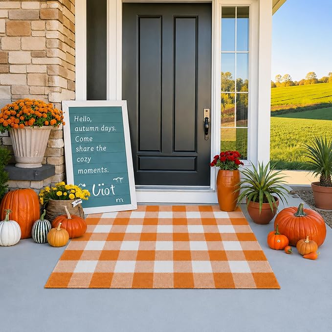 27.5"x43" Outdoor Rug, Orange and White Front Door Mat, Cotton Woven Entryway Rug, Washable Layering Rug for Front Porch Fall Outdoor Decor