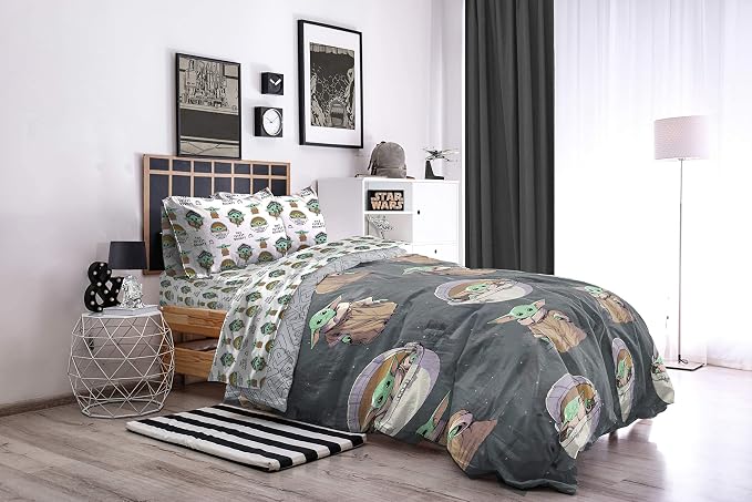 Star Wars Mandalorian Grogu Twin Comforter Set 4 Piece Kids Bedding, Gray | Baby Yoda, Comforter Sheets Pillowcase, Official Product, Soft Microfiber, Machine Washable, Easy Care, Kids Gift