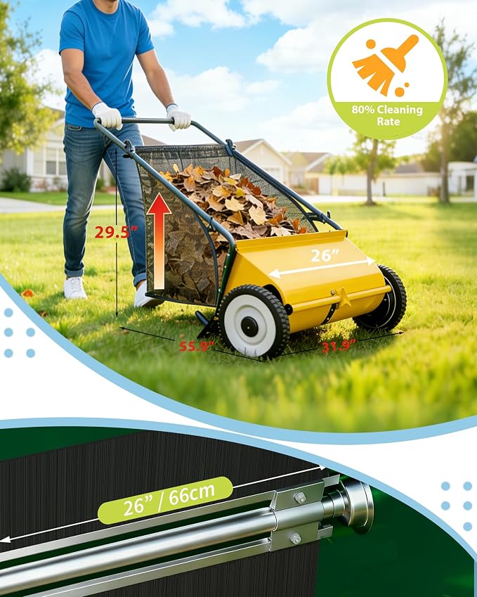 Garvee Push Lawn Sweeper,26-Inch Width Enhanced 4-Brush System with Large 7 cu. ft. Hopper Bag, Ideal for Yard and Garden Cleanup, Yellow | Brush Height Adjustment, All-Terrain Suitable, 7 cu.ft Hopper Bag, Durable Steel Frame, Easy Setup, Compact & Sp...