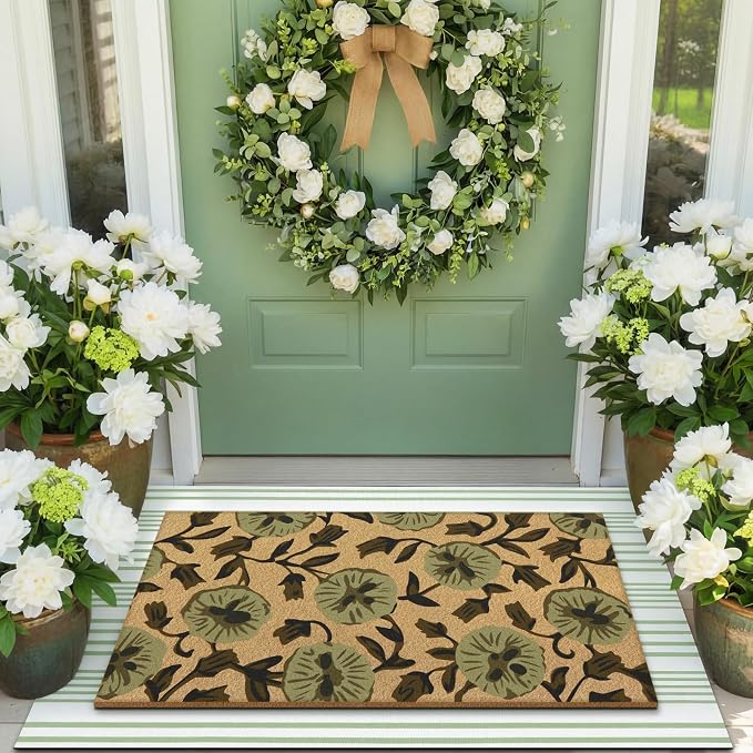 Tinideya 2 Pcs Floral Door Mat Flower Welcome Non Slip Coir Mats Floor Layering Green and White Stripe Summer Doormats Seasonal for Front Porch Entryway Decor(Floral)