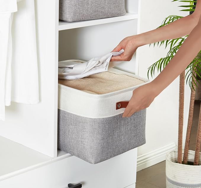 DECOMOMO Storage Bins, Extra Large Fabric Storage Baskets for Shelves 3Pack | 15.8 x 12.5 x 10 inches Decorative Linen Closet Organizers (Grey & White)