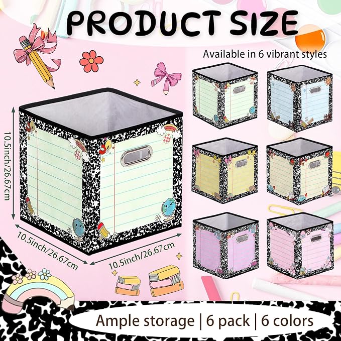 Gerrii 6 Pack 11 Inch Composition Notebook Fabric Classroom Storage Bins Pastel Foldable Cube Storage Bins Organizing Baskets with Handles for Back to School Daycare Elementary Preschool Decor