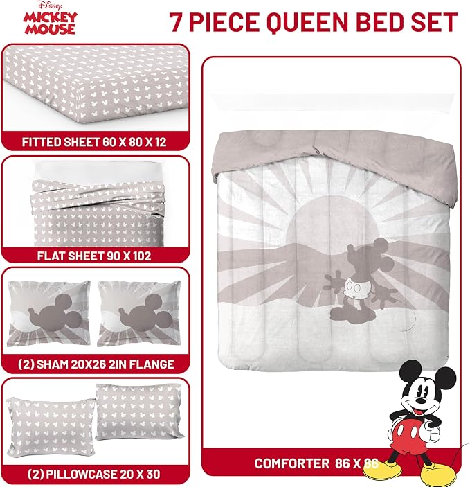 Disney Mickey Mouse Queen Comforter Set 7 Piece Cartoon Bedding, Grey | Bed in a Bag, Comforter Sheets Shams Pillowcases, Official Product, Soft Microfiber, Machine Washable, Kids Gift