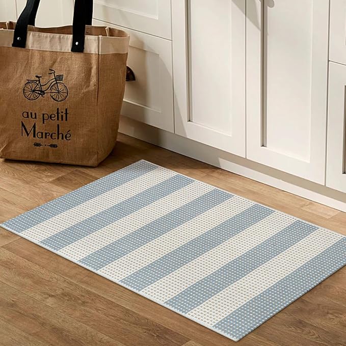 LEEVAN Door Mat Outdoor Entrance 2x3, Washable Striped Front Porch Rug, Blue and White Buffalo Welcome Mat, Spring Outside Entryway Rugs, Cotton Woven Indoor Outdoor Layered Doormats | Woven Front Porch Rug, Dusty Blue and White Welcome Door Mat, Sprin...
