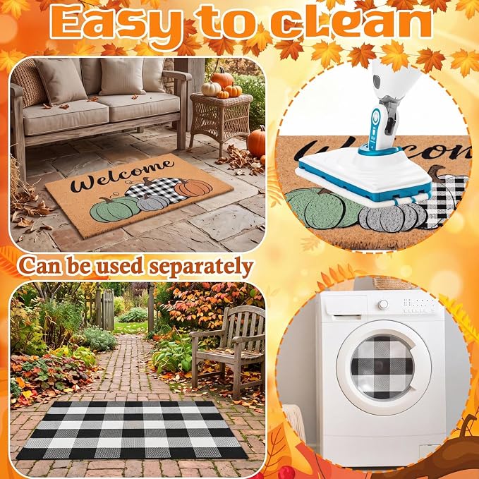 Moucuny 2 Pcs Fall Coir Doormat Outdoor 16'' x 28'' Stacked Pumpkin Welcome Doormat Layered 24'' x 35'' Black and White Plaid Rug Fall Non Slip Floor Mat Fot Autumn Entrance Porch Front Decor