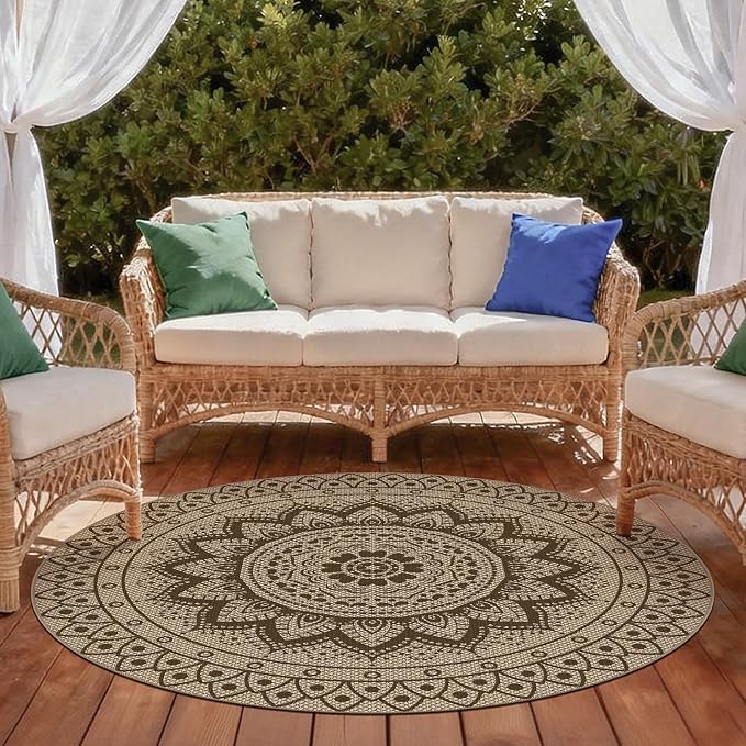 Faux Jute Outdoor Round Rug, 5ft Washable Indoor Outdoor Patio Rug, Brown Non Slip Round Area Rug Farmhouse, Boho Carpet for Backyard Patio