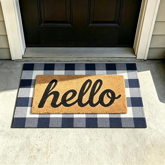 SEEKSEE Buffalo Plaid Outdoor Rug 27.5x43 Navy Blue and White Front Door Mat, Layering Rug for Porch, Washable Doormat, Front Porch Rug for Outdoor Entrance Entryway Patio Porch Decor