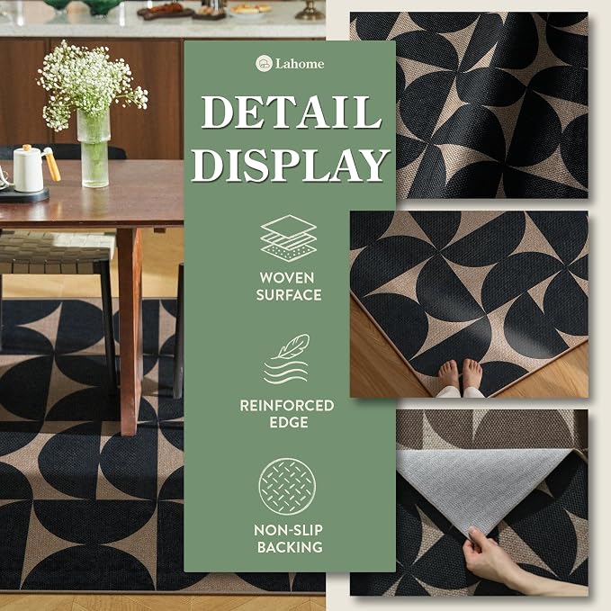 Lahome Semi Circle Front Porch Rug, Black 3x5 Easy Jute Outdoor Patio Rug | Farmhouse Neutral Washable Non Slip Non Shedding Door Mat for Entryway Layering Office