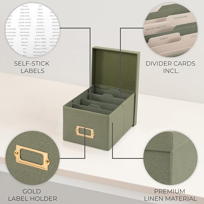 ZICOTO Decorative Photo Storage Box - Sturdy Linen Photo Organizer with Dividers is Perfect to Store Up to 850 Pictures and 4x6 Photos - Portable Scrapbook Storage Containers with Lid