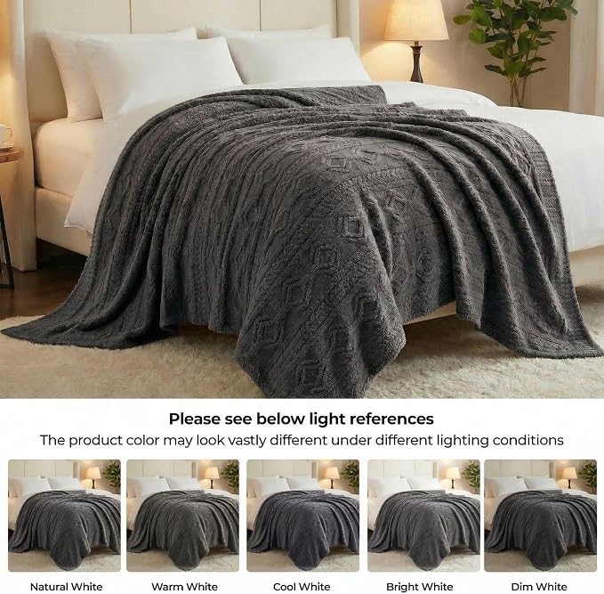 SUPERIOR Fleece Boho Jacquard Blanket, Decorative Blankets for Bedroom, Sofa, Fuzzy, Plush, Fluffy, Soft, Cute Room Decor, Beautiful Cover, Comfort Essentials, Arctic Collection, Twin, Charcoal
